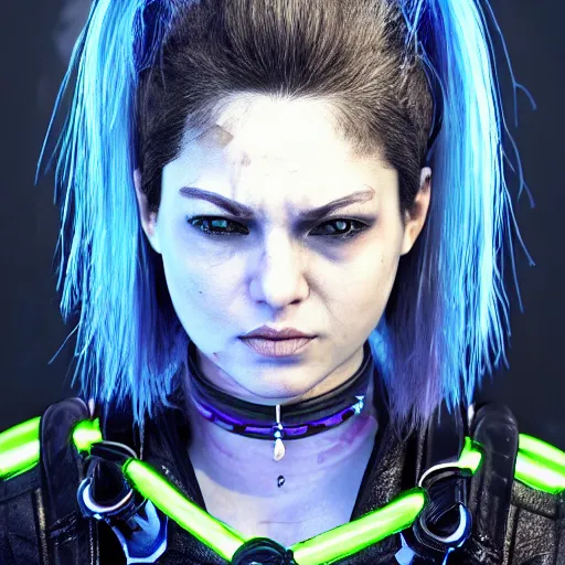 Image similar to detailed realistic cyberpunk female character cyberpunk wearing large steel collar around neck, realistic, art, beautiful, 4K, collar, choker, collar around neck, punk, artstation, detailed, female, woman, choker, cyberpunk, neon, punk, collar, choker, collar around neck, thick collar, choker around neck, wearing choker, wearing collar, bright neon punk hair,