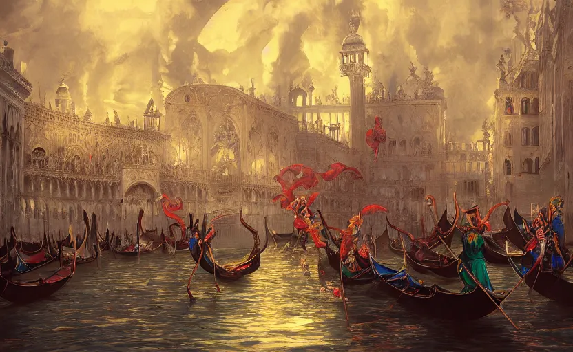 Image similar to the enchanted venice carnival dream with dancing masked people, behance hd artstation, by moebius and nicto ngai