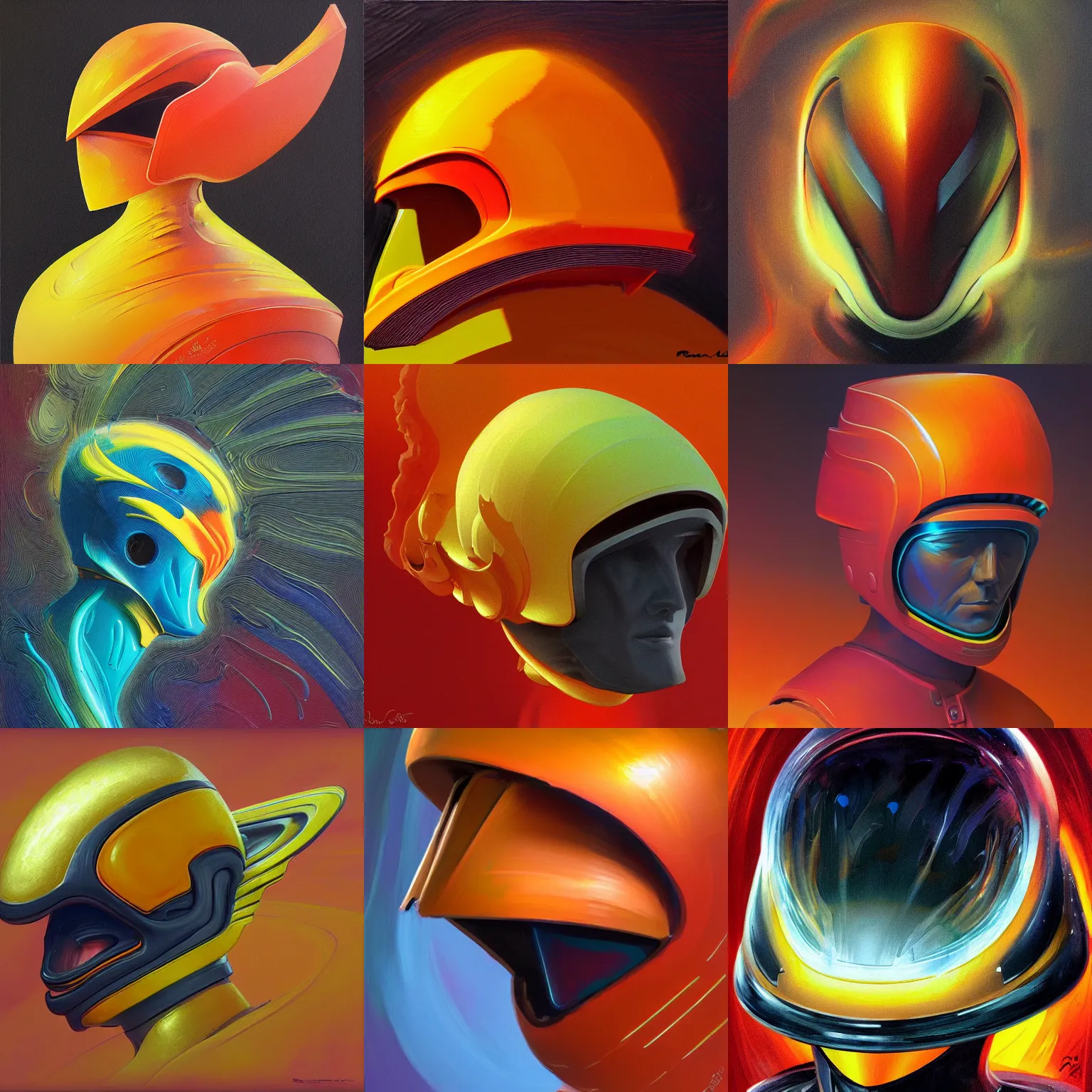 Prompt: Widebrush Stylized Futuristic helmet by René Laloux, Jean Giraud, Mœbius, Moebius, orange, yellow, saturated, high quality scan, 8k, artstationhq, IAMAG concept art pop-art fire black red yellow orange impasto oil painted daubed smoke flame fire trending on artstation