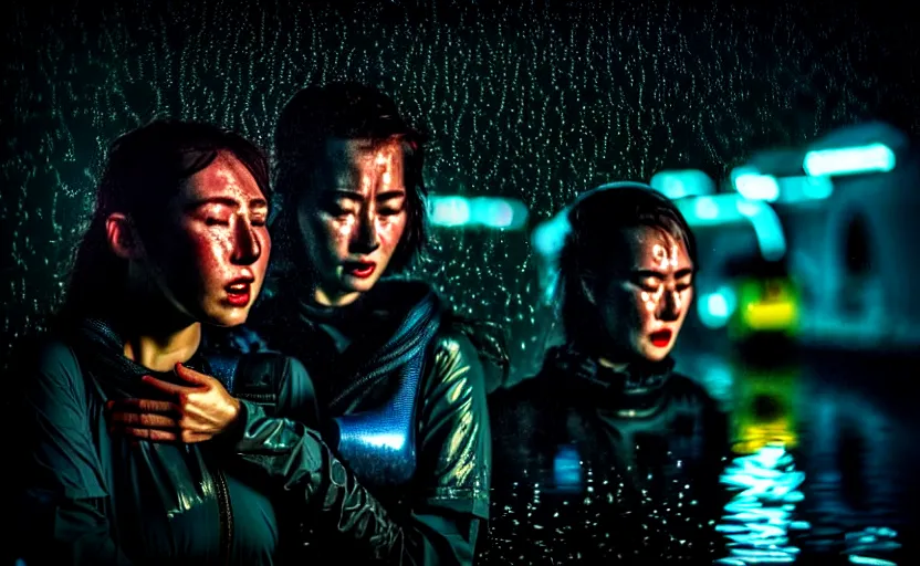 Image similar to cinestill 5 0 d candid photographic portrait by steve mccurry of two loving female androids sobbing wearing rugged black mesh techwear in treacherous waters, flooded city, medium closeup, retrofuturism cyberpunk moody emotional cinematic, pouring iridescent rain bright spotlight helicopter, 8 k, hd, high resolution, 3 5 mm, f / 3 2, ultra realistic faces, ex machina