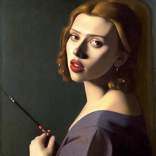 Prompt: A portrait of Scarlett Johansson painted by Johannes Vermeer