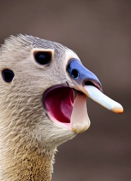 Prompt: close up of a goose screaming. honking goose. mouth open wide. nature award winning photography, canon dslr