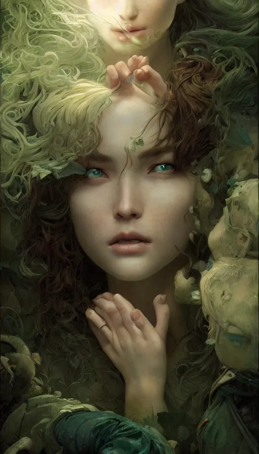 Image similar to epic masterpiece sweet dreams, sweaty skin, hyperrealistic, octane render, cinematic, night, moon, beautiful face and flawless skin, perfect hands, 5 fingers, emerald by Edgar Maxence and Ross Tran and Michael Whelan, Lorenzo Sperlonga Legends of Runeterra