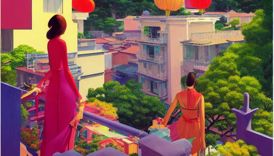 Prompt: a vibrant dream of nostalgic psychedelic hallucination of a girl from behind on a balcony looking over a luxurious street in kyoto japan, lush plants and lanterns, a beautiful woman wearing a gucci dress, high fashion, by moebius, edward hopper and james gilleard, zdzislaw beksinski, james jean, steven outram hd, 8 k, artstation