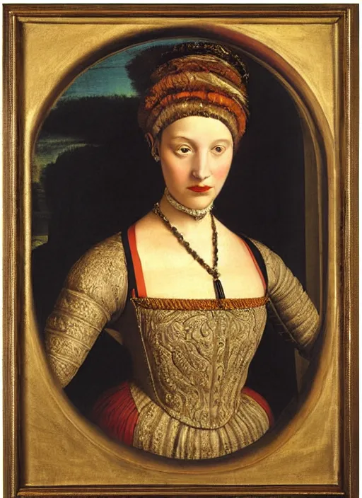 Image similar to portrait of young woman in renaissance dress and renaissance headdress, art by giovanni gastel