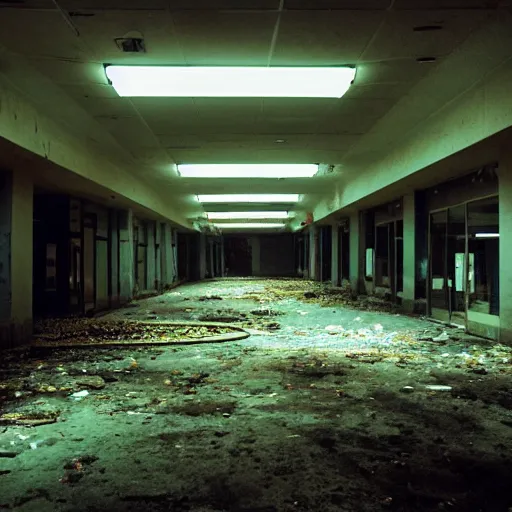 Image similar to backrooms abandoned mall, ominous neon lighting, moldy walls, shadowy tall figures wading in shallow water