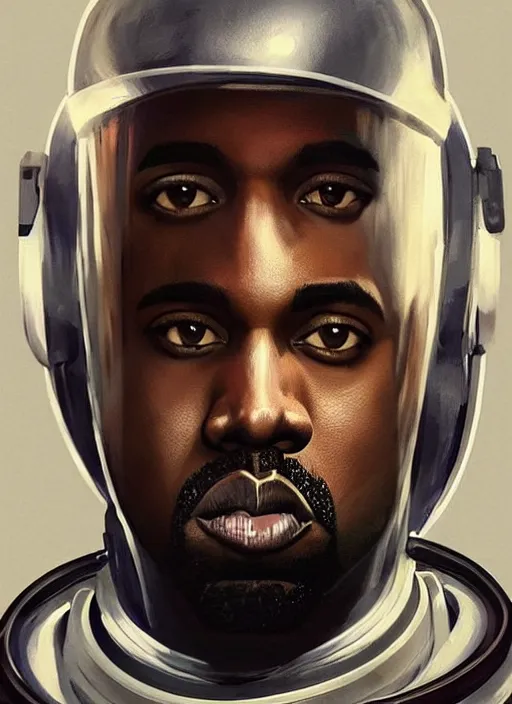 Image similar to pinted full body portrait of kanye west as an astronaut by greg rutkowski, he is about 3 0 years old, short blond hair, athletic and strong, straight jaw, wearing futuristic space gear, highly detailed portrait, digital painting, artstation, concept art, smooth, sharp foccus ilustration, artstation hq.