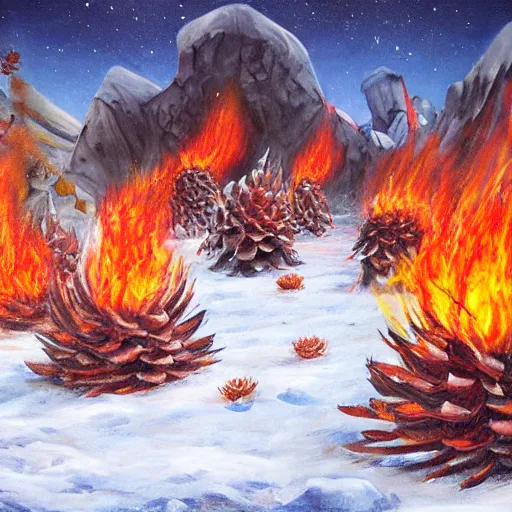 Prompt: Yetis throwing flaming pinecones on an underground glacier, realistic painting
