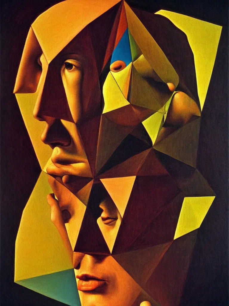 Prompt: hyperrealistic still life portrait of a mind recursively contemplating itself on lsd, sacred geometry tunnels, looking through a prism, by caravaggio and willem de kooning, surrealism, vivid colors, serene, golden ratio, rule of thirds, negative space, minimalist composition