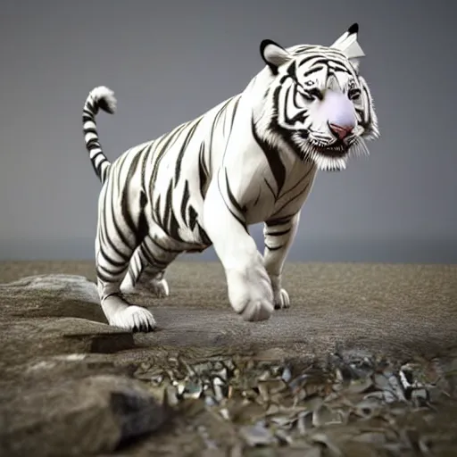 Image similar to a low - poly render of a white tiger in a dynamic action pose dwelling in the spirit realm, low poly 3 d, octane render, dramatic dreamlike lighting, all white render, no textures, angular energetic background elements, angular dynamic white rock floor