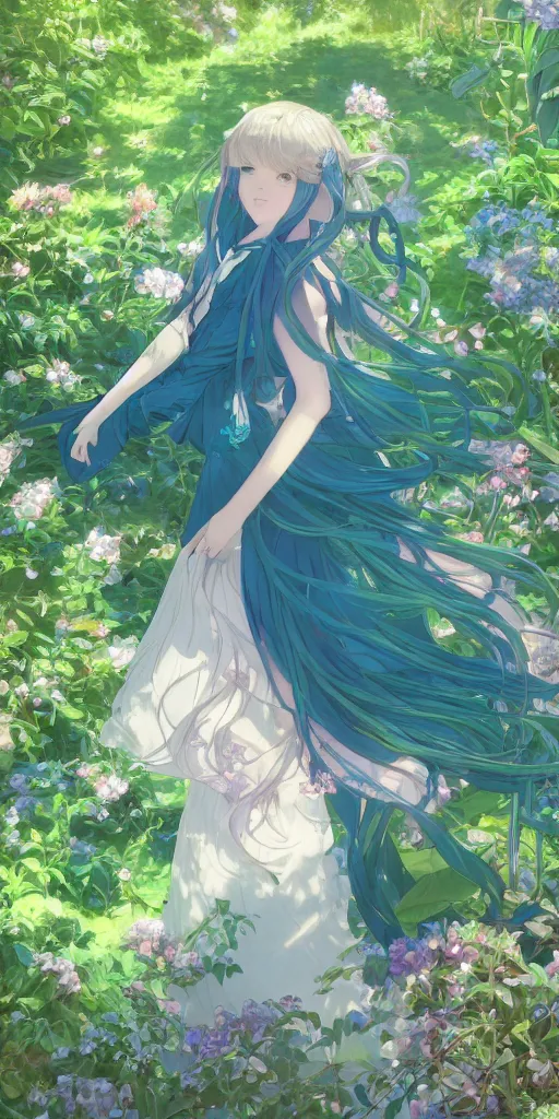 Prompt: a digital art of a loli with long hair in a dress in the privet garden at after noon, green and blue and warm theme, back lighting, highly detailed, 4 k resolution, trending on art station, elegant, depressed, melancholic, by krenz cushart and mucha and akihito yoshida and greg rutkowski and makoto shinkai
