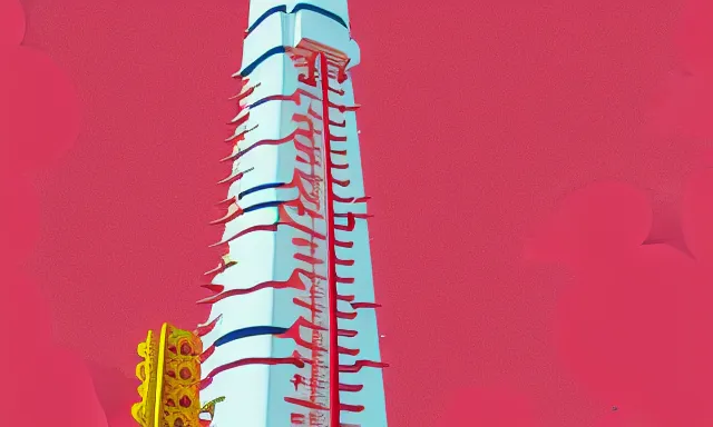 Image similar to Japan Tsutenkaku Tower, a poster design for a contemporary graphic design exhibition, by Wes Anderson, KAWS, open negative space, clean color and neon fluorescent airbrush accents graphic design volumetric octane render