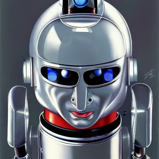 Image similar to Portrait of pee-wee herman as a chrome robot, black hair, highly detailed, digital painting, artstation, concept art, illustration, art by syd mead and hajime sorayama