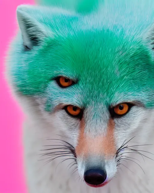 Prompt: pink green blue fox, portrait, blue background, 8 k, 8 5 mm f 1. 8