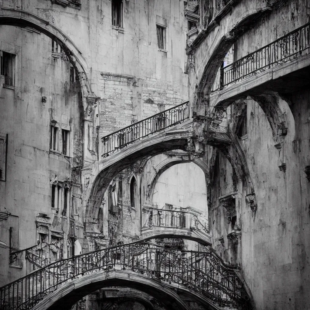 Image similar to venice bridges stairs by piranesi, composition, cinematic, rule, grid