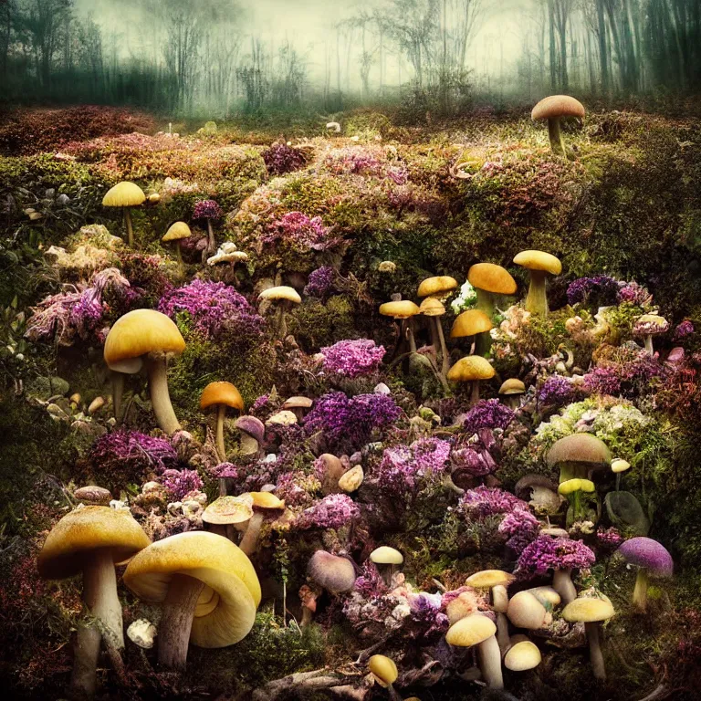 Image similar to a planet of various fungus, mushrooms, flowers and plants, inside the picture is infinity, Atmospheric, artistic photography, conceptual, long exposure outside the city, volumetric light