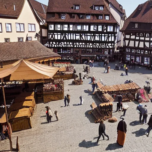 Prompt: A photograph taken in 1200AD of the market Square of a medieval town, Germany 1200AD. midday, clear sky. The market is filled with merchants selling goods and surrounded by Half-timbered houses. cobblestone, brick, market, tents, merchants. 75mm
