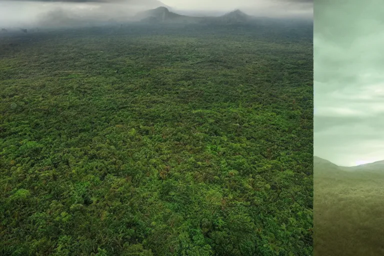 Image similar to boundary between two realms: at right is green like a wild jungle and the other at left is a dark mountain with lava