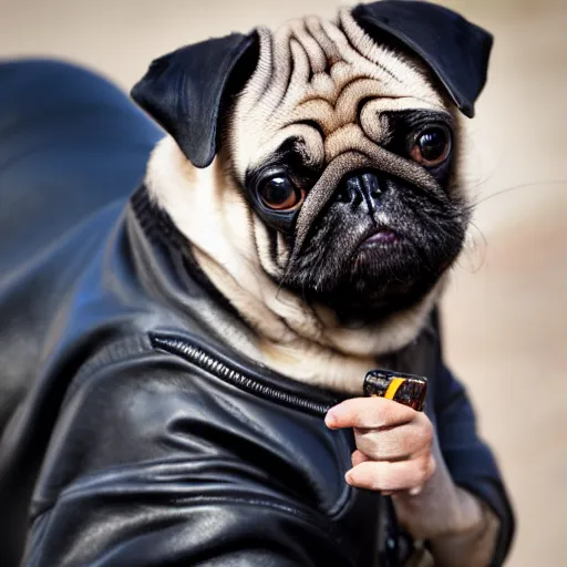 Prompt: pug in a leather jacket smoking a cigarette