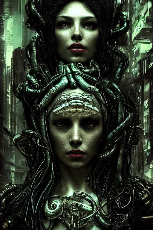 Image similar to Cyberpunk medusa, dark atmosphere, cinematic shot, intricate, ornate, photorealistic, ultra detailed, realistic, 35mm, photography, neon, octane, high definition, depth of field, bokeh, 8k, artstation, ((alphonse mucha)), (hr giger)