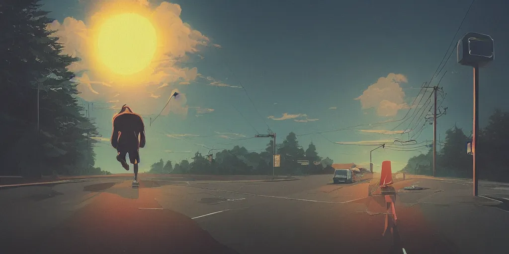 Prompt: Jesus crist running, Portrait, Very Cloudy Sky, Sun, Neon Lights, Subject in Middle, Subject in center, Rule of Thirds, Retrofuturism, Studio Ghibli, Simon Stålenhag