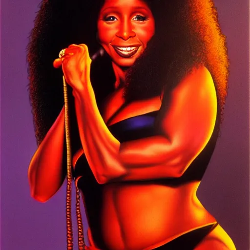 Prompt: chaka khan by clyde caldwell, very detailed, low contrast, dark background, 4 k