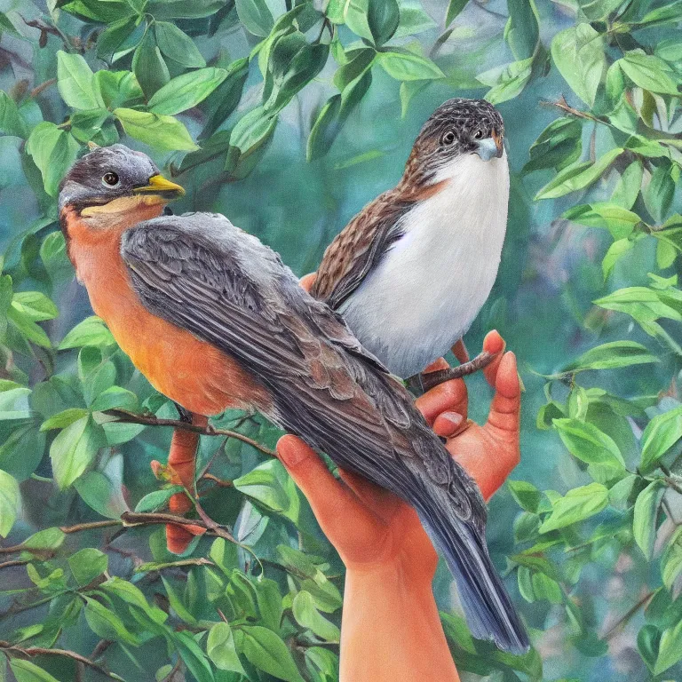 Image similar to a beautiful painting of a bird in hand is worth two in the bush, highly detailed, 8 k resolution