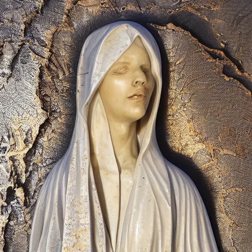 Prompt: a masterpiece marble sculpture of the veiled virgin, subsurface cracks, !dramatic !face, !female, covered in intricate !detailed golden !!streaked veil , physically based rendering, photo realistic, top light , dark background by Dan Hillier