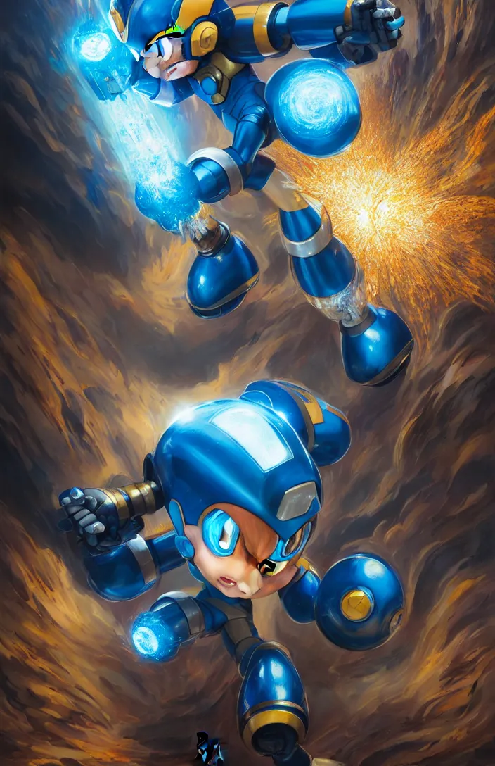 Prompt: a portrait megaman blasting through crowded office buildings walls by karol bak, james jean, tom bagshaw, rococo, sharp focus, trending on artstation, cinematic lighting, hyper realism, octane render, 8 k, hyper detailed, vivid, ultra detailed, highly detailed