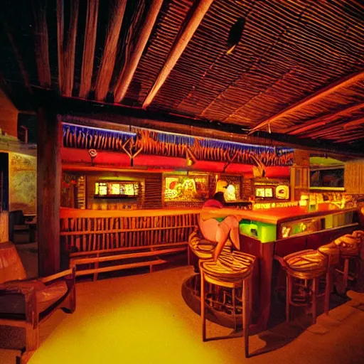 Prompt: mid century magazine advertisement for a midwest tiki bar in indianapolis. ambient lighting, highly detailed. 3 5 mm.