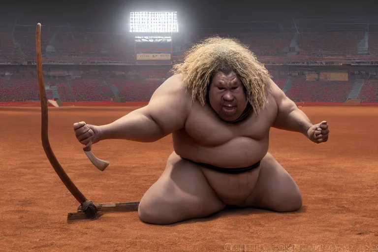 Prompt: Konishiki attempts to become the ox king by using a large, black, spiked kanabo. Background, a baseball stadium that is filled with people in the stands. The sun is coming down as the stadium lights shine on the field. Realistic Fantasy Render. 4K HD. Unreal Engine.