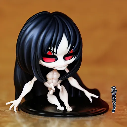 Prompt: lifelike plastic figurine miniature of chibi venom, ultra detailed, kawaii, junji ito, artgerm, blender, scenic background of cardshop