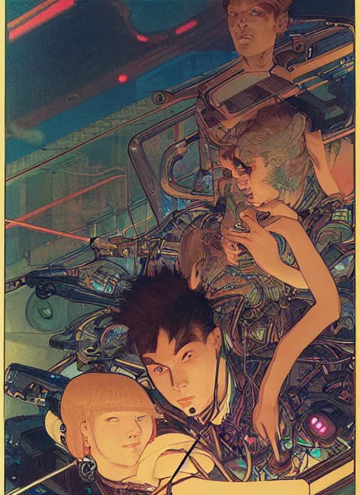 Image similar to portrait of a cyborg boy and a cyborg girl inside a car in the middle of futuristic tokyo at night. diffuse neon light, dramatic landscape, fantasy illustration, matte painting by mucha