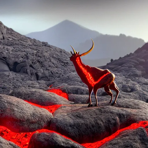 Prompt: satanic mountain goats with glowing red eyes on a sheer obsidian cliffside with lavaflow, lava waterfalls, photorealistic landscape render, octane render, vray, beautiful, ambient occlusion, particle effects, light bloom, rtx