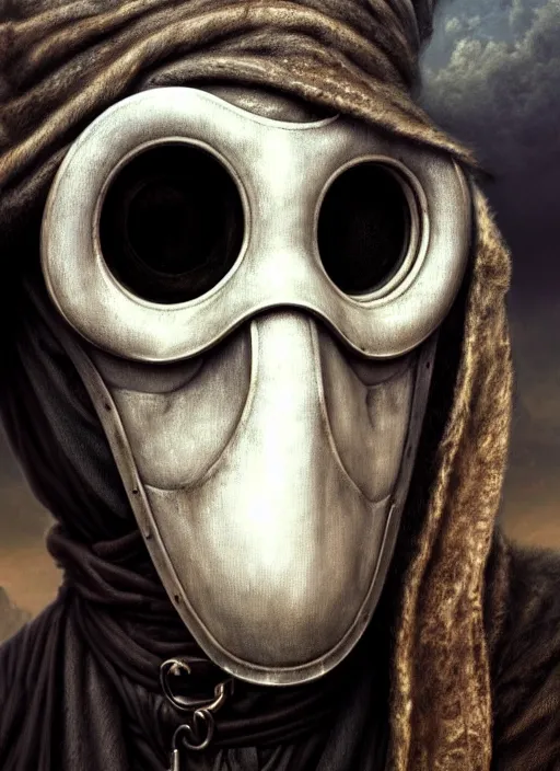 Image similar to closeup portrait shot of a plague doctor in a scenic dystopian environment, intricate, elegant, highly detailed, centered, digital painting, artstation, concept art, smooth, sharp focus, illustration, artgerm, tomasz alen kopera, peter mohrbacher, donato giancola, joseph christian leyendecker, wlop, boris vallejo