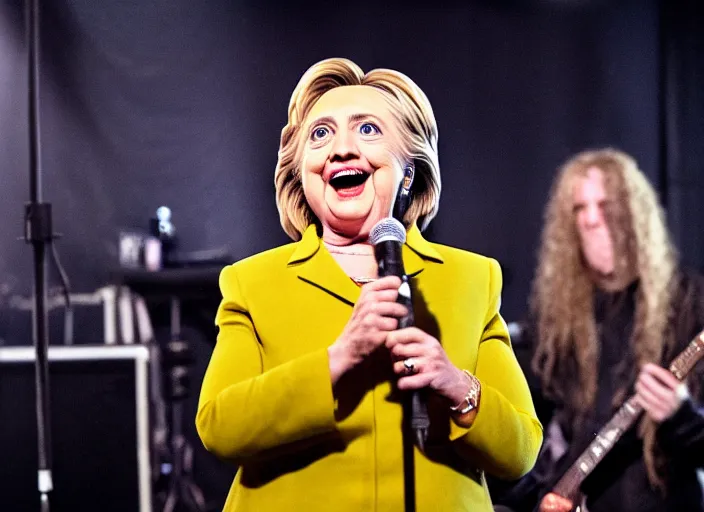 Image similar to publicity photo still of hillary clinton in a death metal band playing live on stage, 8 k, live concert lighting, mid shot