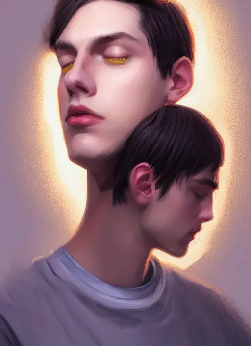 Image similar to portrait of teenage jughead jones wearing a light grey crown, photorealistic, crown, eyes closed, crown, black hair, intricate, elegant, glowing lights, highly detailed, digital painting, artstation, concept art, smooth, sharp focus, illustration, art by wlop, mars ravelo and greg rutkowski