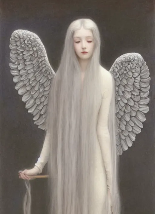 Image similar to tall thin young wan beautiful angel, silver hair so long, pale!, long silver hair, silver angel wings, wan adorable korean face, silver hair!!, style of fernand khnopff and lucien levy - dhurmer, oil on canvas, 1 8 6 2, 4 k resolution, aesthetic!,