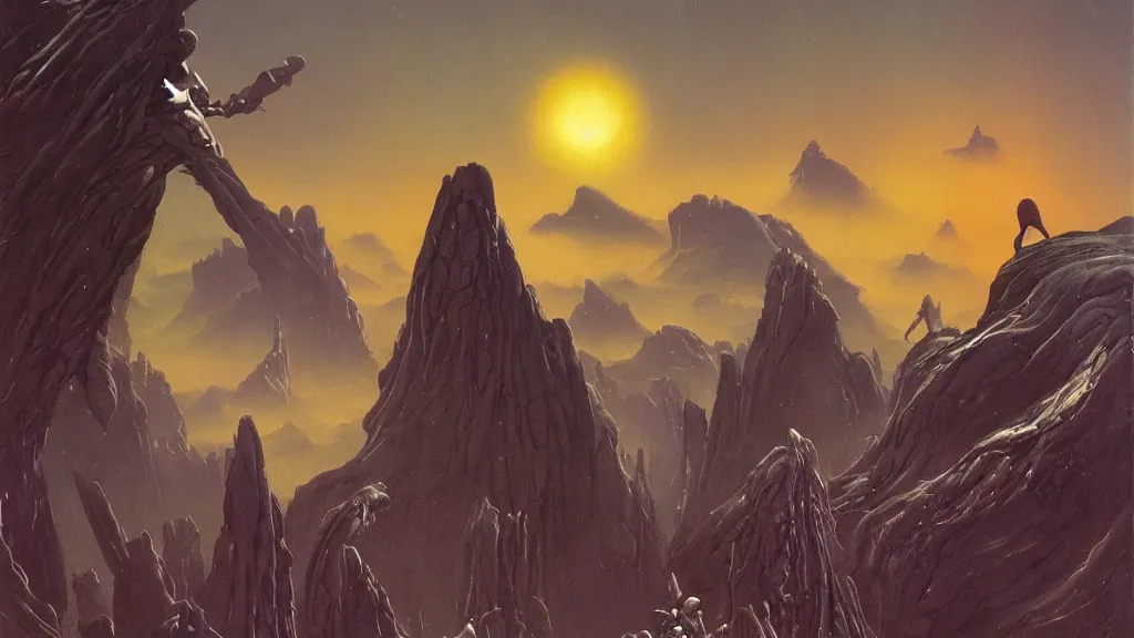 Image similar to eerie atmospheric evolving alien planet by gerald brom and vincent di fate, epic cinematic matte painting