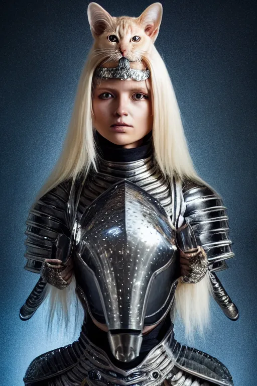 Image similar to female knight wearing a real cat on her head, armor designed by wayne barlowe, swarovski and tiffany, blonde hair, symmetry, sci - fi, cinematic, elegant, luxury, perfect light, perfect composition, dlsr photography, sharp focus, dark fantasy, 4 k, ultra hd, sense of awe, highly detailed, realistic, intricate