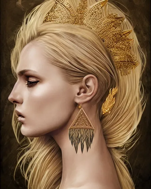 Prompt: tattoo sketch of beautiful super model aphrodite greek goddess wearing a gold laurel wreath and triangle earrings,, beautiful piercing gaze with sharp pupils, beautiful blonde hair, in the style of greg rutkowski, fantasy, amazing detail, epic, elegant, smooth, sharp focus, front view