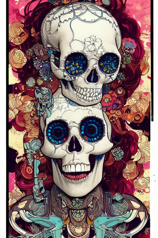 Prompt: beautiful skull cyborg portrait girl female illustration detailed patterns art of thai traditional dress, pop art, splash painting, art by geof darrow, ashley wood, alphonse mucha, makoto shinkai