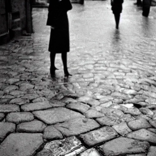 Prompt: fine art photograph of a woman waiting for the rain to stop, rainy flagstone cobblestone street, rule of thirds, sharp focus by henri cartier bresson