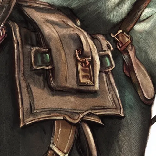 Image similar to close-up of bags attached to belt, small bags made of cotton, detail, style of Frank Frazetta, concept art, trending on artstation, Dungeon and Dragons