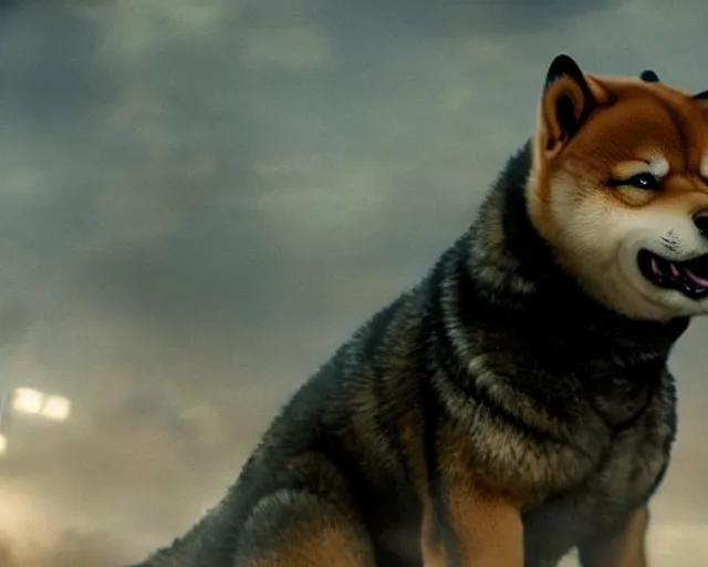 Image similar to godzilla as a shiba inu in a Godzilla: King of the Monsters still film directed by Christopher Nolan, shooting beams from its mouth and toppling over cities, epic action scene