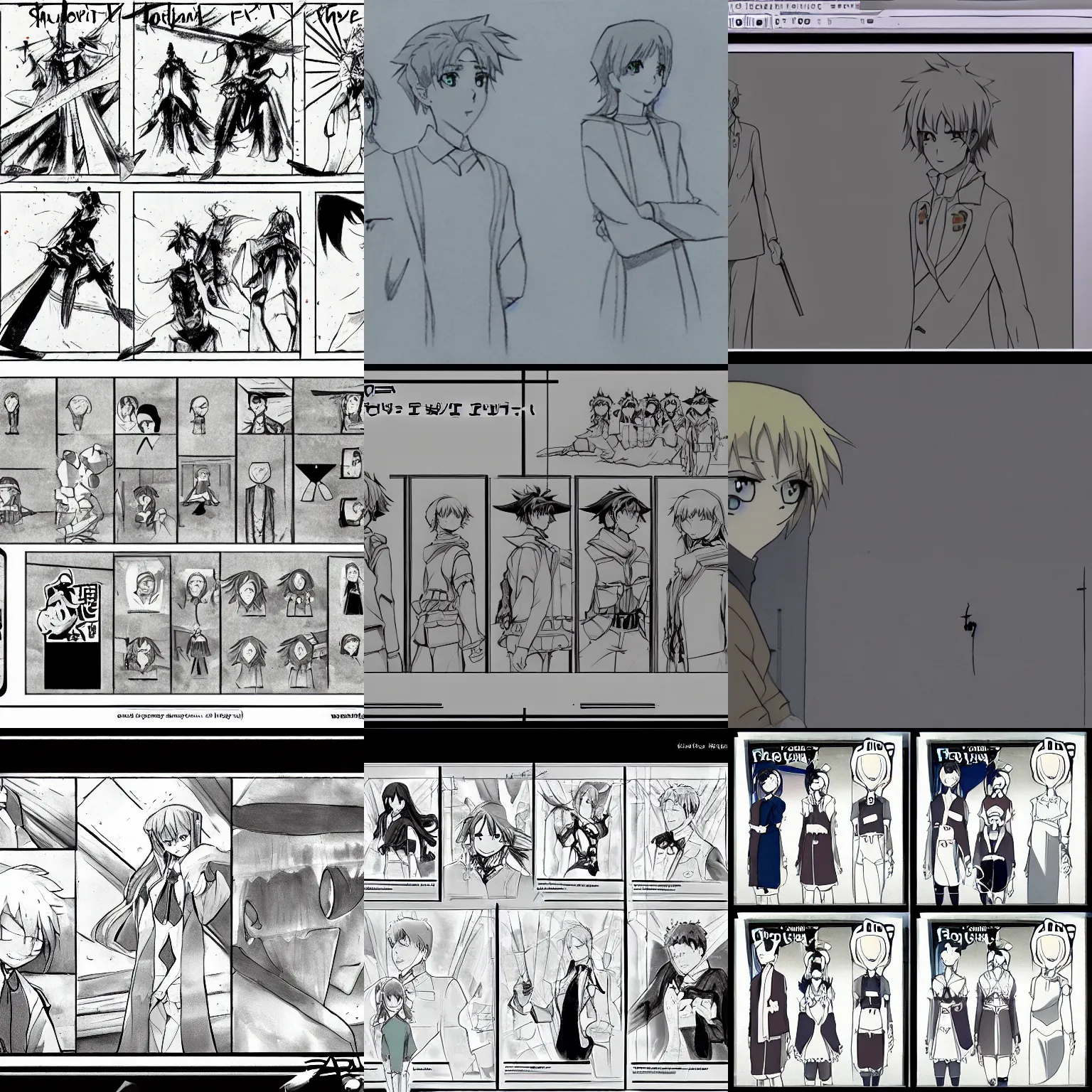 Anime comic storyboard drawings. Manga style. Animated color sketches of  characters Stock Photo - Alamy