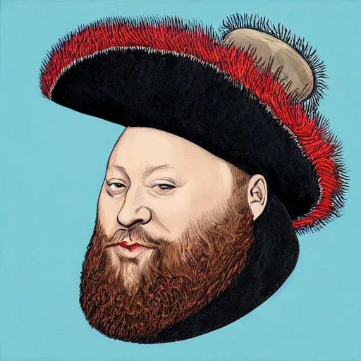 Image similar to action bronson stoned, portrait, action bronson as king henry viii, regal hat, king, stately, painting