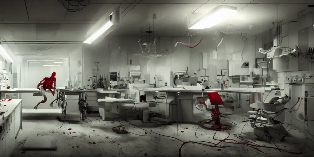 Image similar to High-tech white laboratory with horrible creature on the operating table, red panels with broken circuits, alarm lights, blood, horror, dark cinematic, volumetric, realistic, 3d render, Realistic Render, Cinematic lighting, Volumetric lighting, atmospheric, cinematic, unreal engine, unreal engine render, octane render, HD, photorealism, hyper realistic, photo, 8K, in the style of Chris Cunnigham, by Wes Anderson