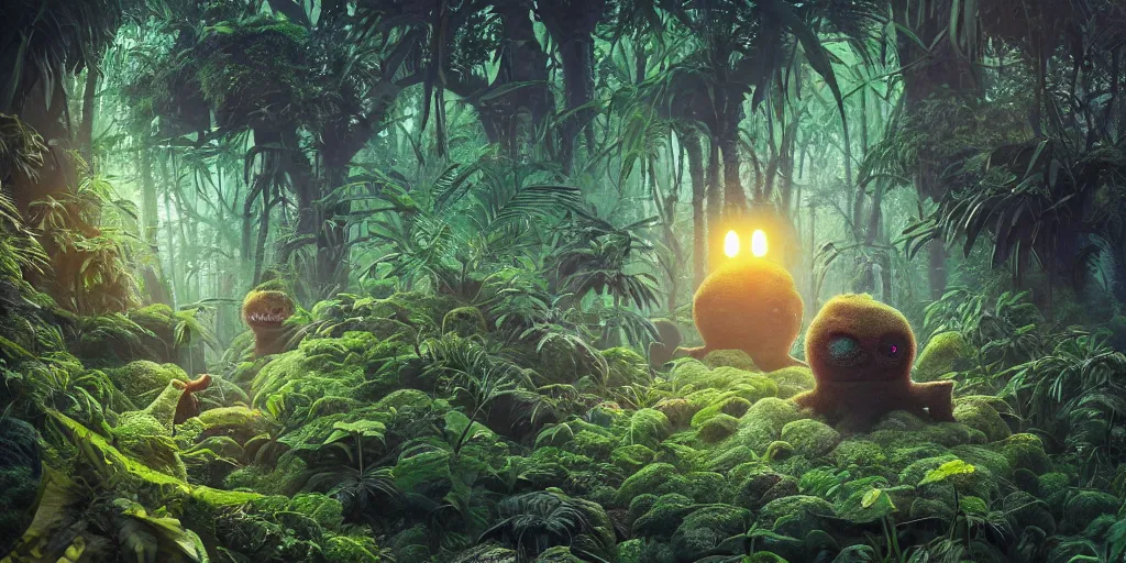 Prompt: of an intricate hazy jungle with strange cute friendly funny creatures with huge eyes, long tongue, square teeth and funny face appearing from the foliage, in the style of mike winkelmann, macro lens, shallow depth of field, highly detailed, digital painting, trending artstation, concept art, illustration, cinematic lighting, vibrant colors, photorealism, epic, octane render