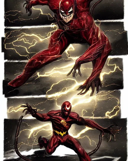 Image similar to venom as the flash, dynamic lighting, fantasy concept art, trending on art station, stunning visuals, creative, cinematic, ultra detailed, comic strip style